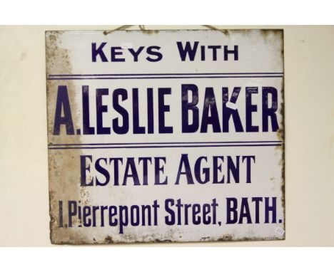 Enamel estate Agent sign "A Leslie Baker 1 Pierrepoint Street Bath", measures approx 46 x 51cm