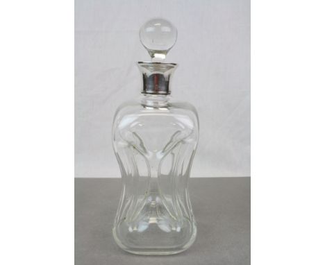 Vintage Glass decanter with pinched sides and Hallmarked Silver collar, stands approx 25cm including the stopper