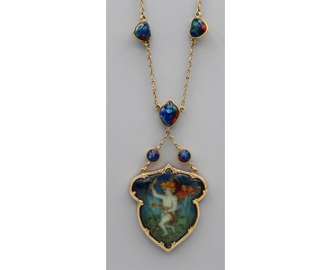 Antique enamel and 15 carat gold necklace featuring 'Eros' designed by Lady Walker of Edinburgh, 16.4 gms, fault to chain