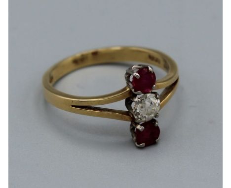 18ct gold trilogy ring, claw set north to south with a central old European cut diamond, 5mm round approx x 4mm deep, flanked