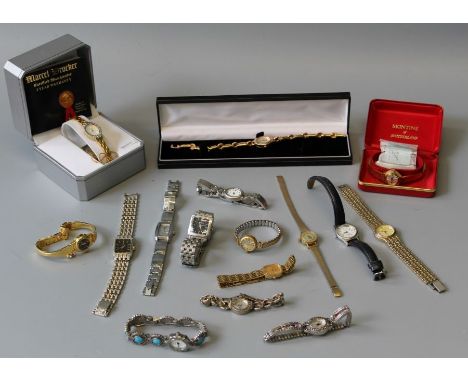 A selection of 16 ladies wrist watches to include a cased Marcel Drucker watch (as new) from the USA and a vintage Montine of