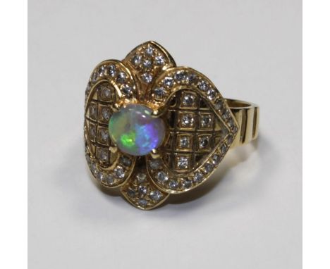 An 18ct gold (tested and stamped not hallmarked) Lightning ridge opal and diamond ring, Size N, approx. 6.46g gross&nbsp;