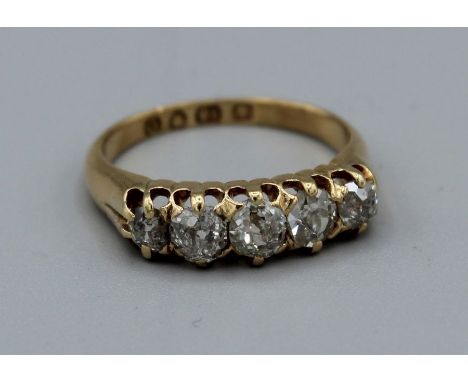 Five stone, old European cut diamond ring (estimate diamond weight of approx. 1ct) in 18ct gold (hallmarked 1889 London) Size