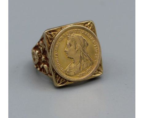 A 9ct gold ring set with a half sovereign (1897), gross weight 13.6gm, size S 1/2