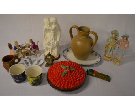 Various ceramics including Alvingham pottery, continental figure of two people playing cards, tin train, bisque figures (brok