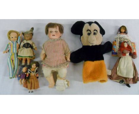 Various dolls inc German bisque head doll & Pedigree hand puppet