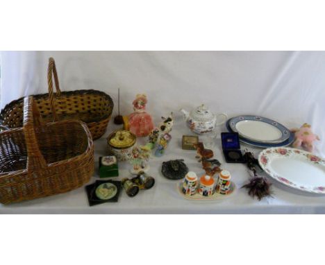 Assorted items inc Goebel, opera glasses, wicker basket & cruet set