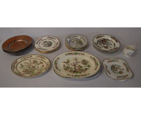 Various ceramic plates including Indian Tree, two copper dishes and a broken Capodimonte figure (not pictured)