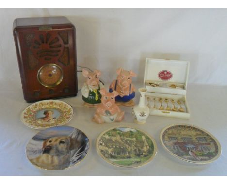 Assorted items inc reproduction vintage Bush radio, Wade Natwest pigs and Royal Worcester plates