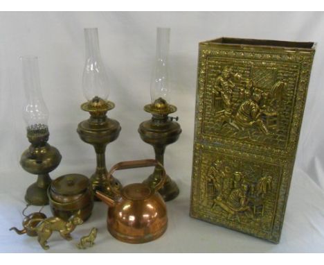 Assorted oil lamps, copper, brass stick stand etc