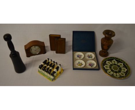 Treen vase, money boxes, Border Fine Arts toast rack, Royal Worcester coasters etc