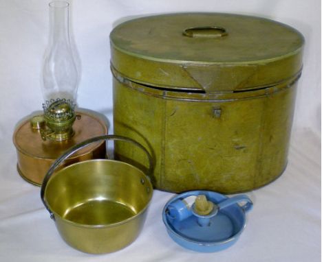 Copper paraffin lamp, brass jam pan & an enable chamber stick