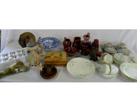 Various items inc Spode, musical box and brass fox
