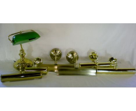 6 brass picture wall lights & a desk lamp