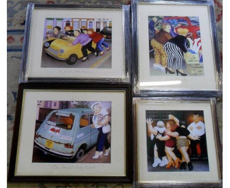 4 framed Beryl Cook prints 'One careful lady owner', 'Girls on the town', 'Car booty' and 'A good little runner'
