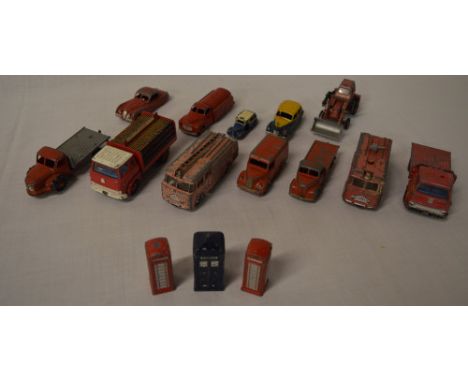 15 Dinky die cast models in playworn condition, including a Coca Cola Van, Dr Who Tardis, Fire Engine etc
