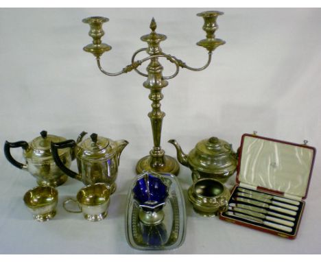 3 light silver plate candelabra, silver plate tea & coffee set & a part set