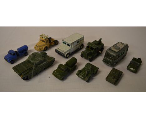 10 Dinky die cast military models in playworn condition, including a Centurion Tank, Army Water Tanker (painted), Recovery Tr