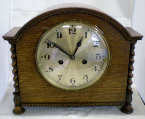 1930's oak mantle clock with barley twist columns