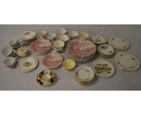 Johnson Brothers red transferware plates, various cups, saucers, Coalport cup & saucer etc