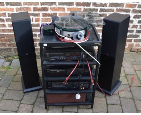 HiFi stack system  comprising Systemdek II turntable, Technics Quartz synthesizer ST-G70L, Rotel RCD-965BX, Yamaha K-340 cass