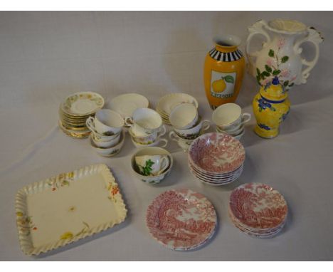Ceramic vases, Johnson Brothers red transferware, cups, saucers etc