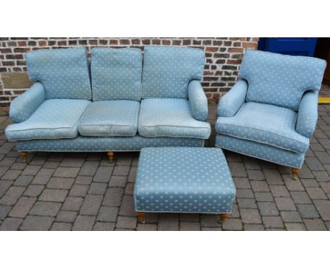 Blue 3 seater sofa, armchair & footstool