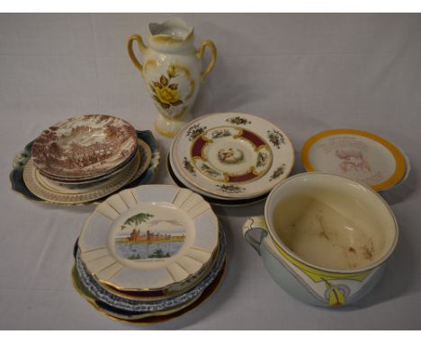 Ceramic plates, chamber pot, twin handled vase etc