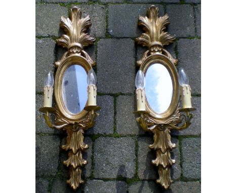 Pair of gilt wood twin branch electric light wall sconces