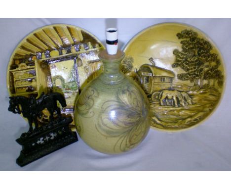 Alvingham pottery lamp, 2 1930's plaster wall plaques & a Victorian cast iron horse door stop
