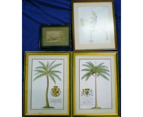 Rowlandson Dr Syntax print, print of a 15th century knight & 2 framed prints of palm trees baring Royal Coats of Arms