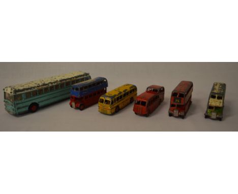 6 Dinky die cast model buses/coaches in playworn condition, including a rare Supertoys 953 Continental Touring Coach in light
