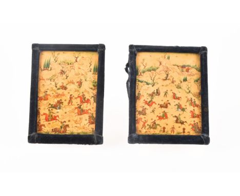 A pair of&nbsp;19th century Persian hand painted miniature paintings, depicting mounted warriors during a battle scene and a 