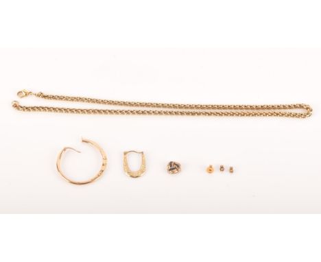 A small group of gold jewellery, including a 9ct yellow gold large single hoop earring, a 9ct yellow gold and sapphire single