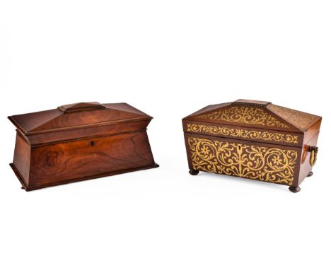 A Regency rosewood inlaid tea caddy, together with Regency rosewood sarcophagus shape tea caddy with replacement interior. (2