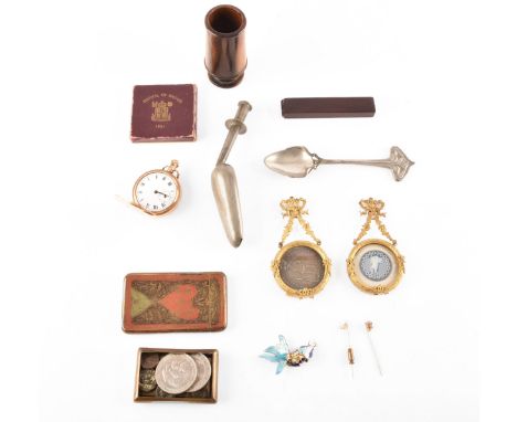 A small collection of objets d'art, including a 15ct gold stick pin, a gold plated pocket watch, a pair of ormolu pendant fra