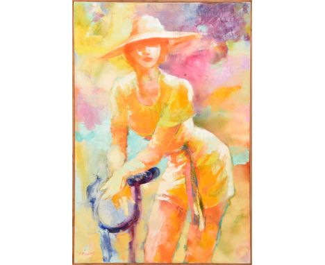 'Portrait of Coiffé', oil on canvas, a vibrant abstract painting&nbsp; depicting a woman posing, leaning forward on to a indi