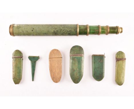 A collection of 19th century silver mounted shagreen etui cases, lacking contents, together with a four drawer shagreen teles