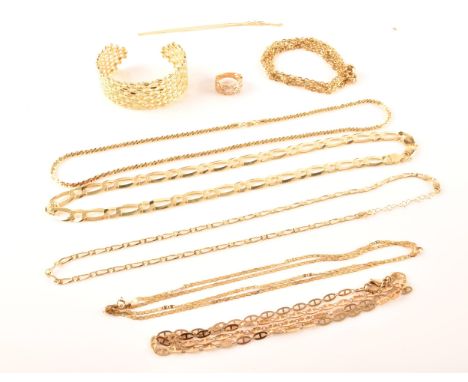 A 9ct yellow gold fine trace chain, 50cm long, together with five silver gilt chains of various styles, a silver gilt bracele