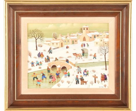 Jean Axatard (French, 1931-). 'Village of Relin', a painting depicting a winter village scene, with figures playing in the sn