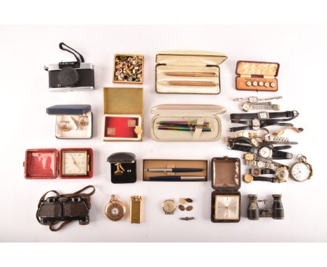 A pair of 9ct cufflinks & watch, along with large collection of objects, dunhill lighter, travel clock, cufflinks, pens, quan