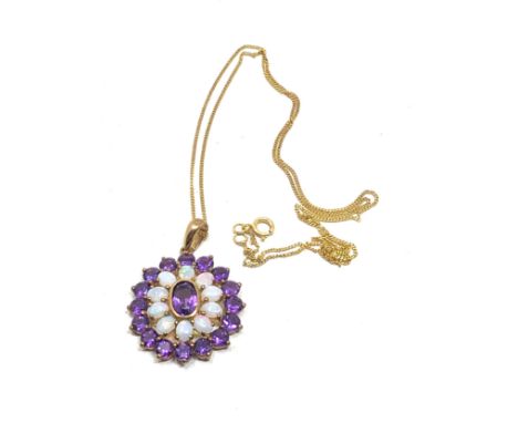 9ct Gold amethyst &amp; opal pendant necklace (4g) 