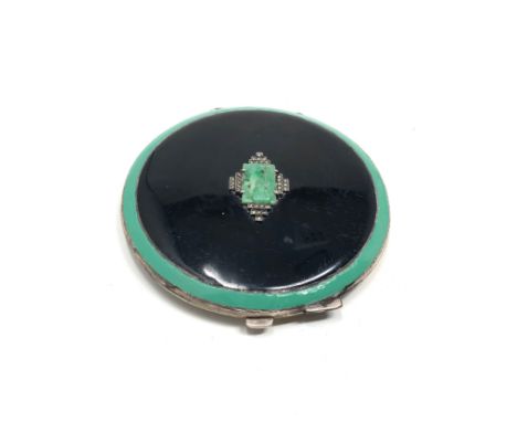 Art deco silver enamel jade compact age related wear &amp; marks weight 104g 