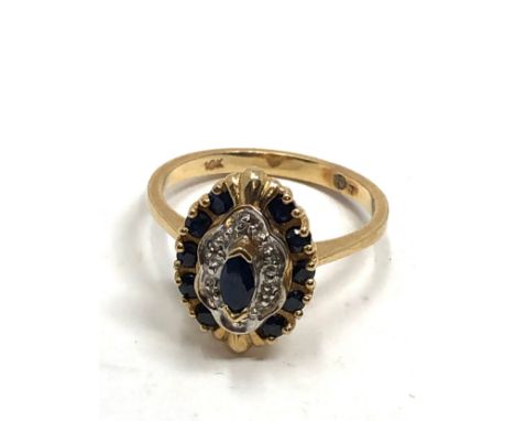 10ct Gold vintage sapphire and diamond marquise halo ring (3.3g) 