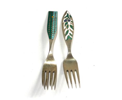 2 Danish silver and enamel A michelsen year forks july 1960 &amp; 1970 weight 90g 