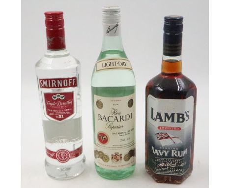 Bottle of Lambs Navy rum, Bacardi and Smirnoff vodka. UK P&amp;P Group 3 (£30+VAT for the first lot and £8+VAT for subsequent
