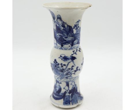 Kangxi period Gu form vase, with painted figural decoration, some damages, H: 26 cm. Damage to rim, chips to base. UK P&amp;P