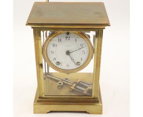 Seth Thomas brass table clock, with mercury pendulum and key. UK P&amp;P Group 3 (£30+VAT for the first lot and £8+VAT for su