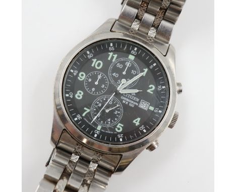 CITIZEN: Chronograph WR100 gents wristwatch on a stainless steel bracelet, working at lotting. UK P&amp;P Group 1 (£16+VAT fo