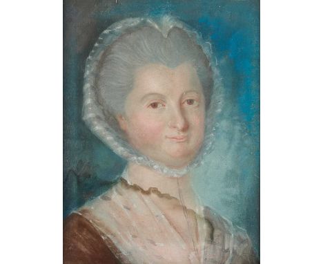 PORTRAIT OF A LADY WEARING FRILLED CAP ON HER POWDERED HAIR, BROWN DRESS WITH LACE FICHU.pastel on paper39.5 x 30.5cm; 15 1/2